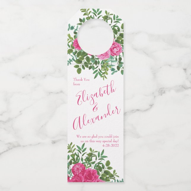 Bright Pink Floral Wedding Bottle Tag (Front)
