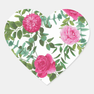 Bright Pink Floral Wedding Heart Sticker