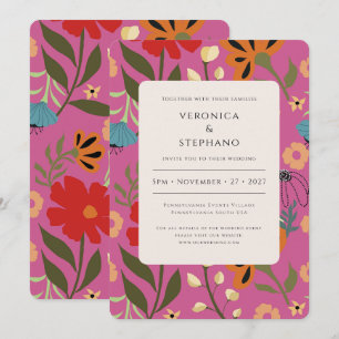 Bright pink floral wedding  invitation