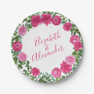 Bright Pink Floral Wedding Paper Plate