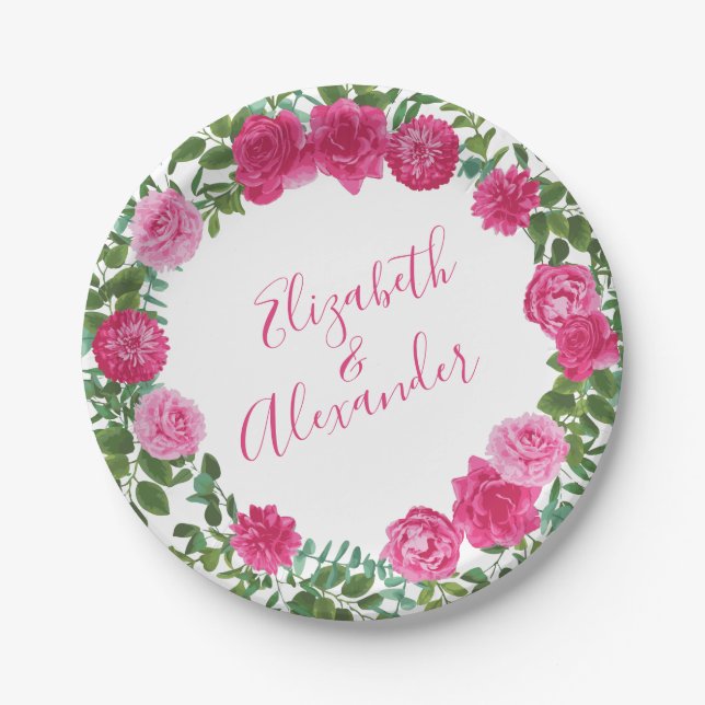 Bright Pink Floral Wedding Paper Plate (Front)