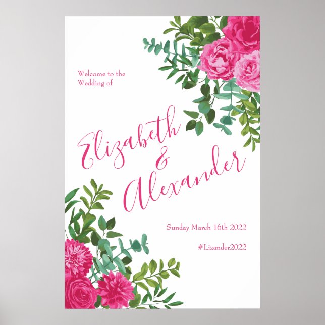 Bright Pink Floral Wedding Poster (Front)