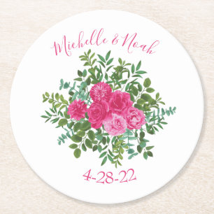 Bright Pink Floral Wedding Round Paper Coaster