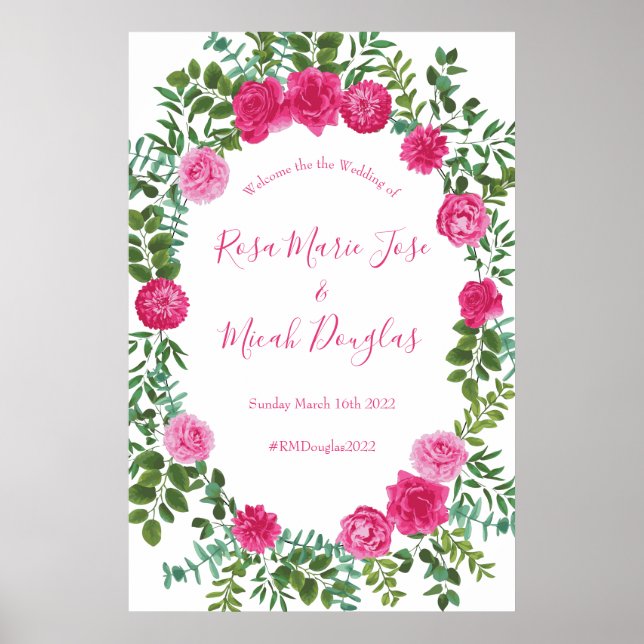 Bright Pink Floral Wedding Welcome Poster (Front)