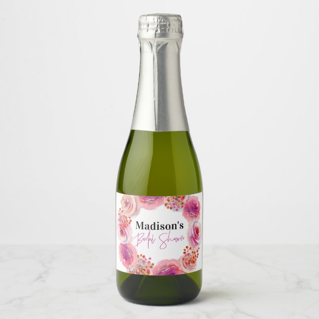 Bright Pink Floral Wreath Bridal Shower Favour Sparkling Wine Label (Front)