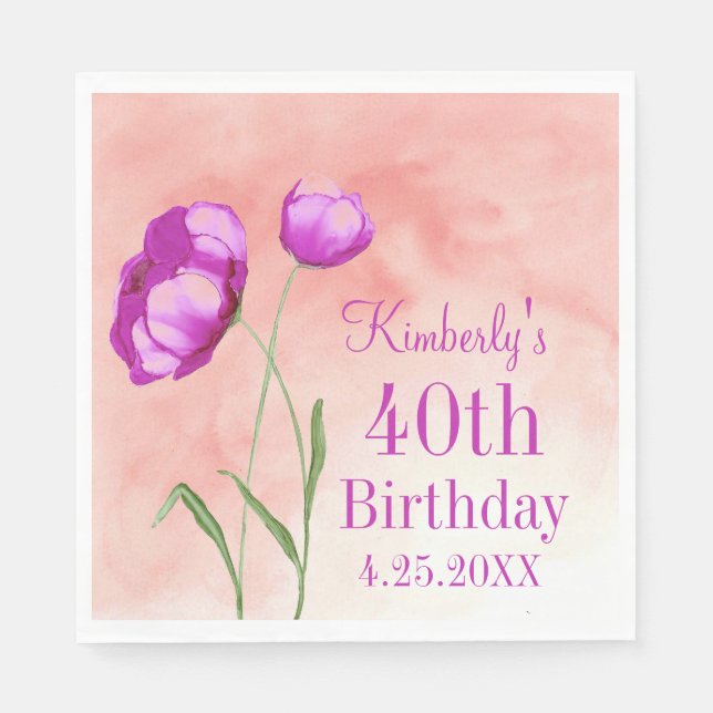 Bright Pink Florals, Customizable Birthday Napkin (Front)