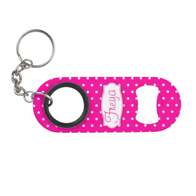 Bright pink flower polka dots name bottle opener keychain bottle opener (Front (Horizontal))