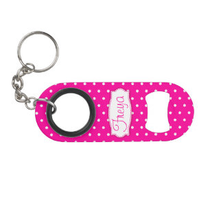 Bright pink flower polka dots name bottle opener keychain bottle opener