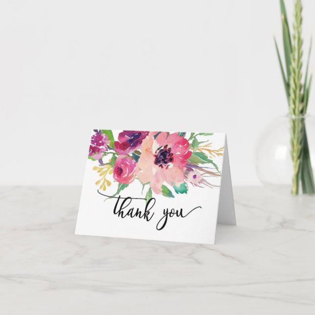 Bright pink  flower water colour THank you note (Front)