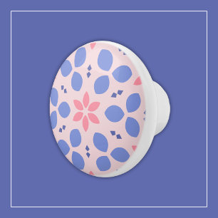 Bright Pink Flowers and Blue on Cute Mod Floral Ceramic Knob
