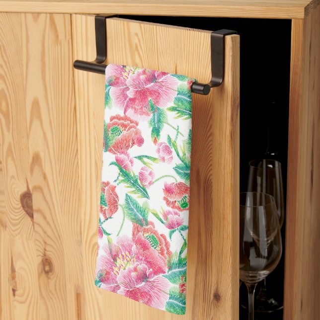 Bright Pink Flowers Pattern Girly Design Kitchen Towel (Thirds Fold)