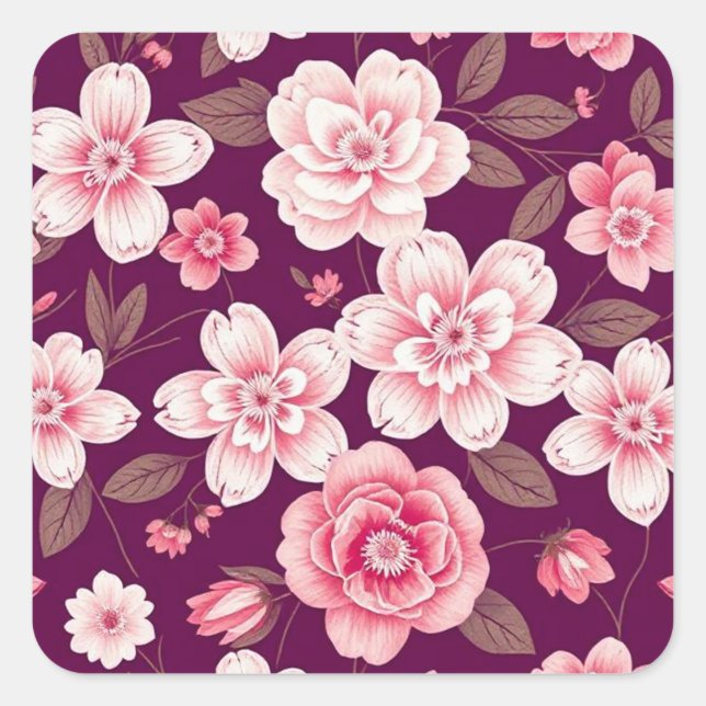 Bright pink flowers pattern on purple square sticker (Front)