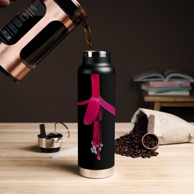 Bright Pink Fuchsia Flower on Black Water Bottle (Coffee)