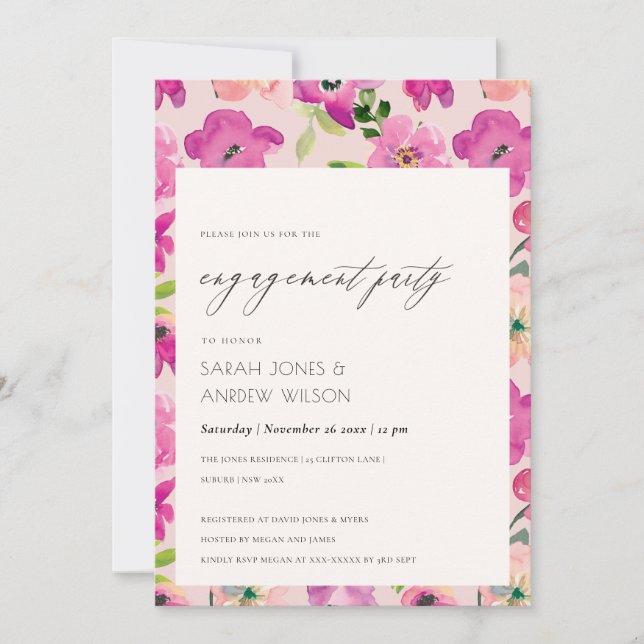 Bright Pink Fun Watercolor Floral Engagement  Invitation (Front)