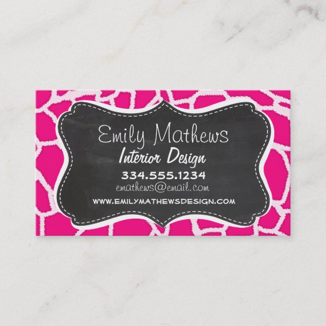 Bright Pink Giraffe Animal Print; Retro Chalkboard Business Card (Front)