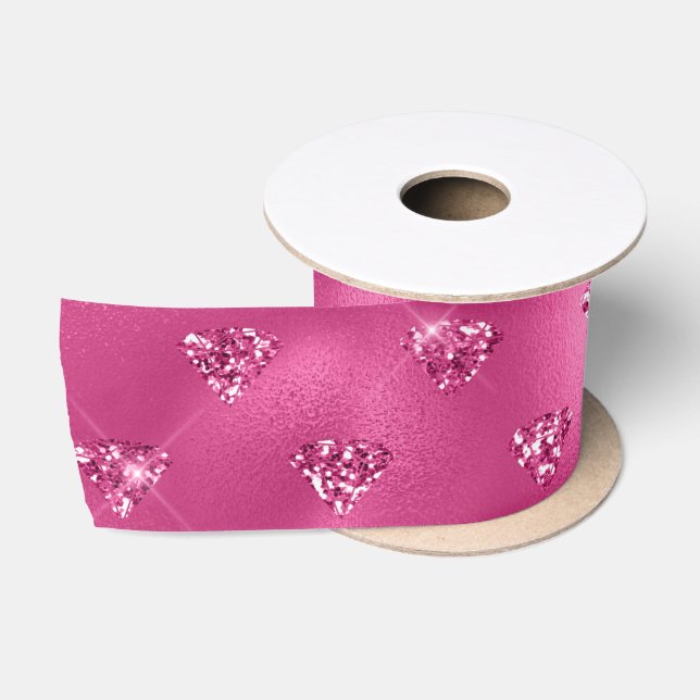 Bright Pink Glam Sparkly Diamonds Pattern Satin Ribbon (Spool)