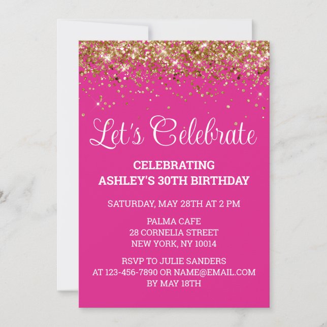 Bright Pink Glitter 30th Birthday Let's Celebrate Invitation (Front)