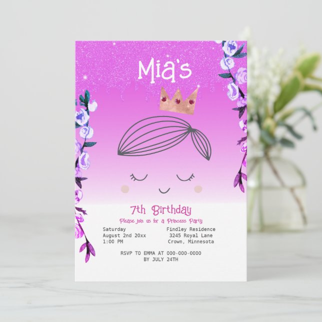 Bright Pink Glitter Princess Girls Birthday Invitation (Standing Front)