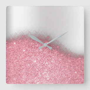 Bright  Pink Glitter Silver Grey Minimal Metallic Square Wall Clock