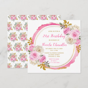 Bright Pink Gold Elegant Flowers Birthday Party Invitation