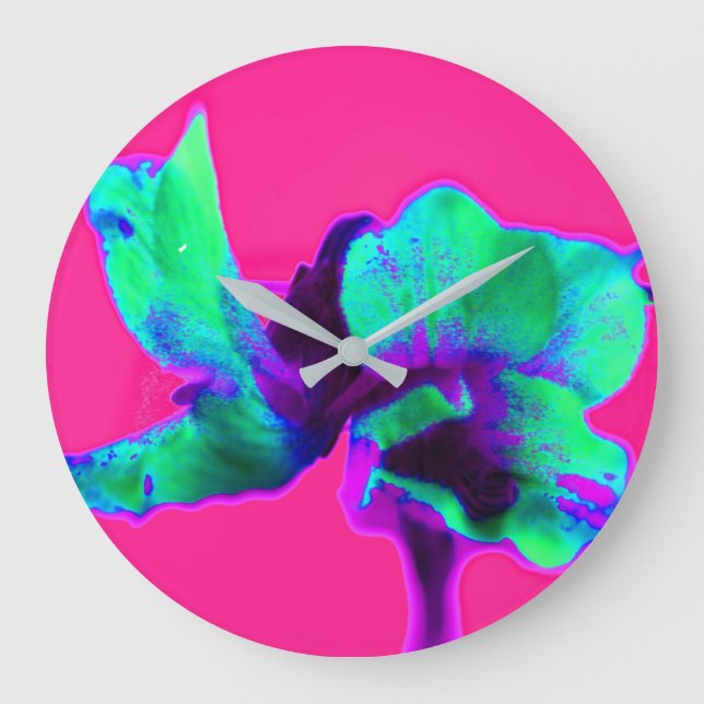 Bright Pink & Green Abstract Floral Kitchen Clock (Front)