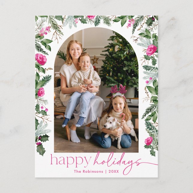 Bright Pink Greenery Foliage Arch 1 Photo Holiday Postcard (Front)