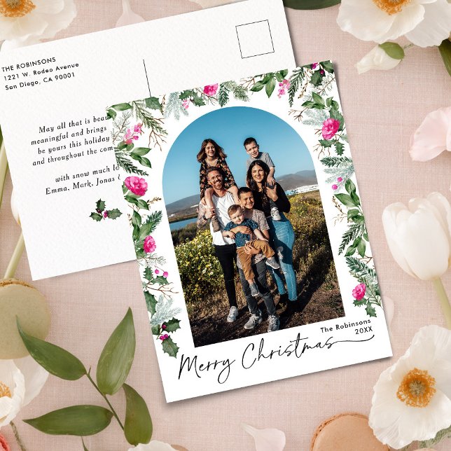 Bright Pink Greenery Foliage Arch 1 Photo Holiday Postcard (Creator Uploaded)