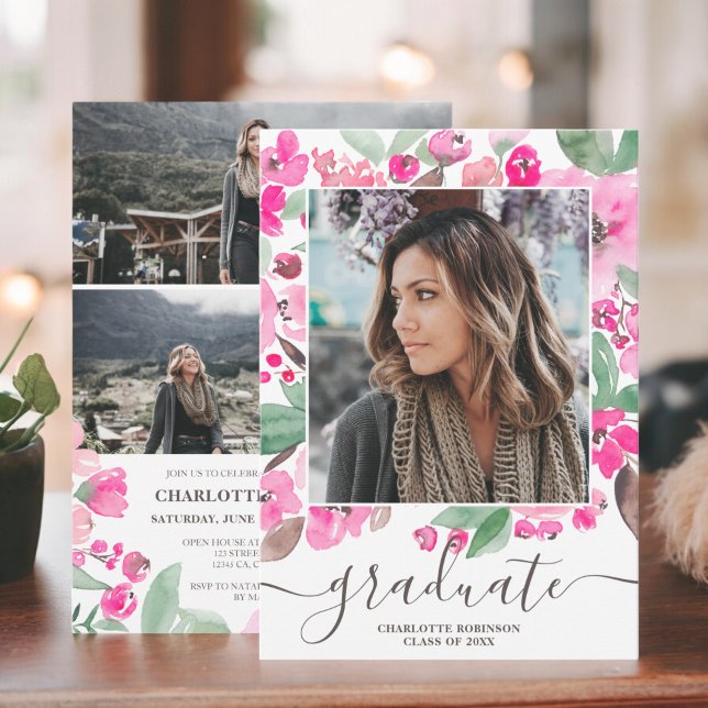 Bright pink greenery script photo graduation invitation (Bright pink greenery script photo graduation invitation)