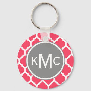 Bright Pink Grey Monogrammed Moroccan Lattice Keychain