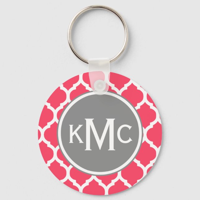Bright Pink Grey Monogrammed Moroccan Lattice Keychain (Front)