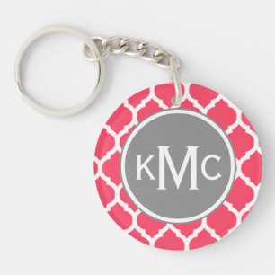 Bright Pink Grey Monogrammed Moroccan Lattice Keychain