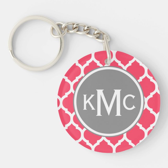 Bright Pink Grey Monogrammed Moroccan Lattice Keychain (Front)