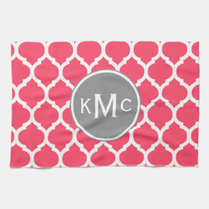 Bright Pink Grey Monogrammed Moroccan Lattice Kitchen Towel