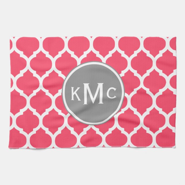 Bright Pink Grey Monogrammed Moroccan Lattice Kitchen Towel (Horizontal)