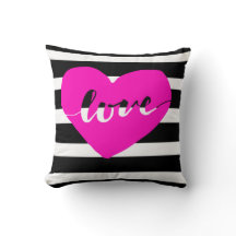 Bright Pink Heart Love Pillow With Black Stripes