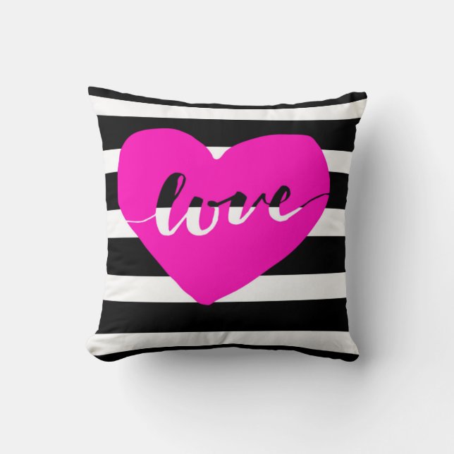 Bright Pink Heart Love Pillow With Black Stripes (Front)