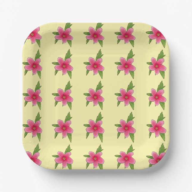 Bright Pink Hibiscus flower party plates (Front)