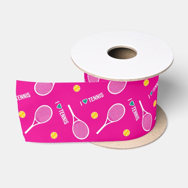 Bright pink I love tennis,  customizable Satin Ribbon (Spool)