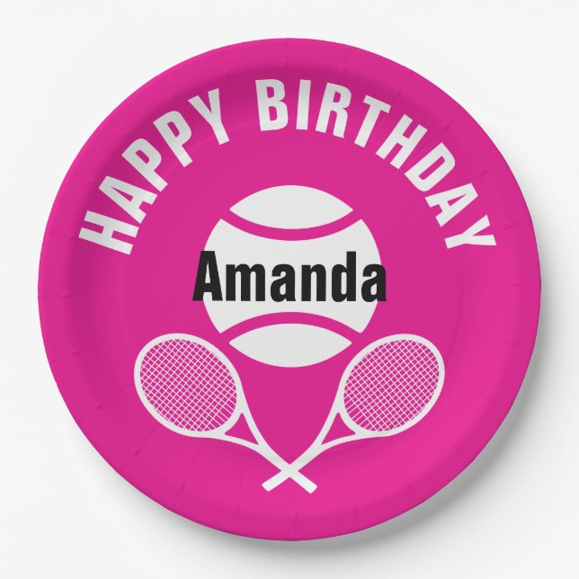 Bright pink I love tennis Paper Plate (Front)