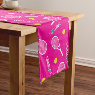 Bright pink I love tennis pattern Short Table Runner