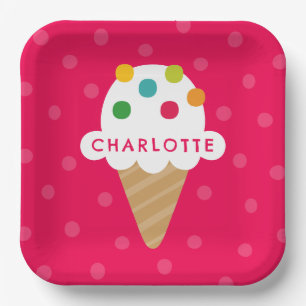 Bright Pink Ice Cream Cone Party Paper Plate