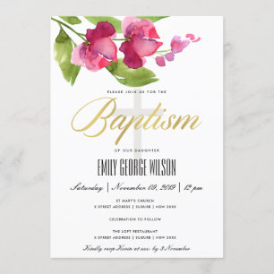 BRIGHT PINK INK WASH WATERCOLOR FLORAL BAPTISM INVITATION