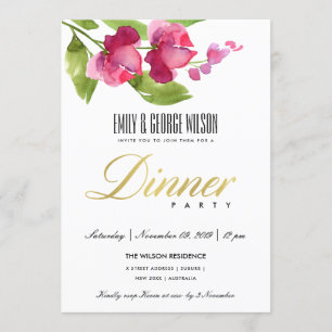 BRIGHT PINK INK WATERCOLOR FLORAL DINNER PARTY INVITATION