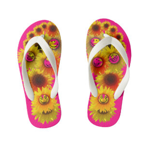 Bright Pink Kids Unisex Sunflower Flip Flops