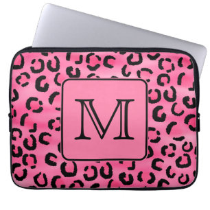 Bright Pink Leopard Print Custom Monogram. Laptop Sleeve