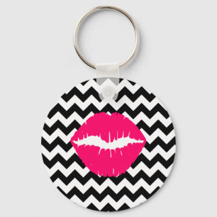 Bright Pink Lips on Black and White Zigzag Keychain