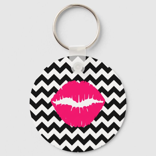 Bright Pink Lips on Black and White Zigzag Keychain (Front)