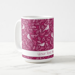 Bright Pink Mauve Winter White Bird Floral Pattern Coffee Mug