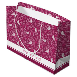 Bright Pink Mauve Winter White Bird Floral Pattern Large Gift Bag