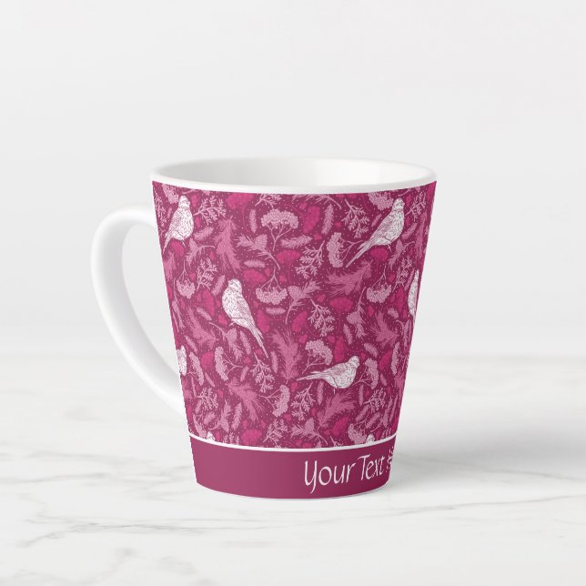 Bright Pink Mauve Winter White Bird Floral Pattern Latte Mug (Left Angle)